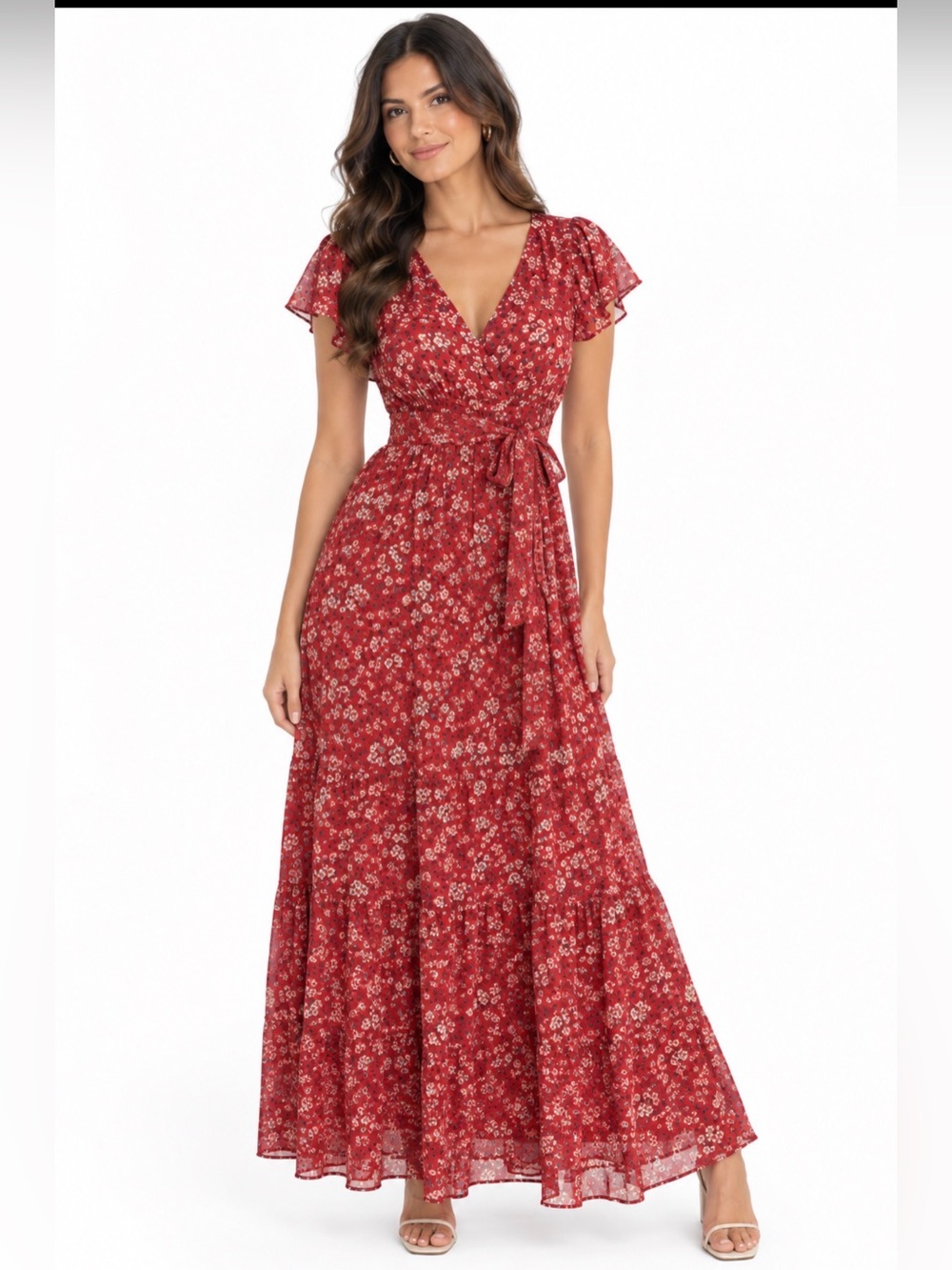 Floral Red Maxi Dress Women’s Small NWT Boho Short Sleeve V-Neck